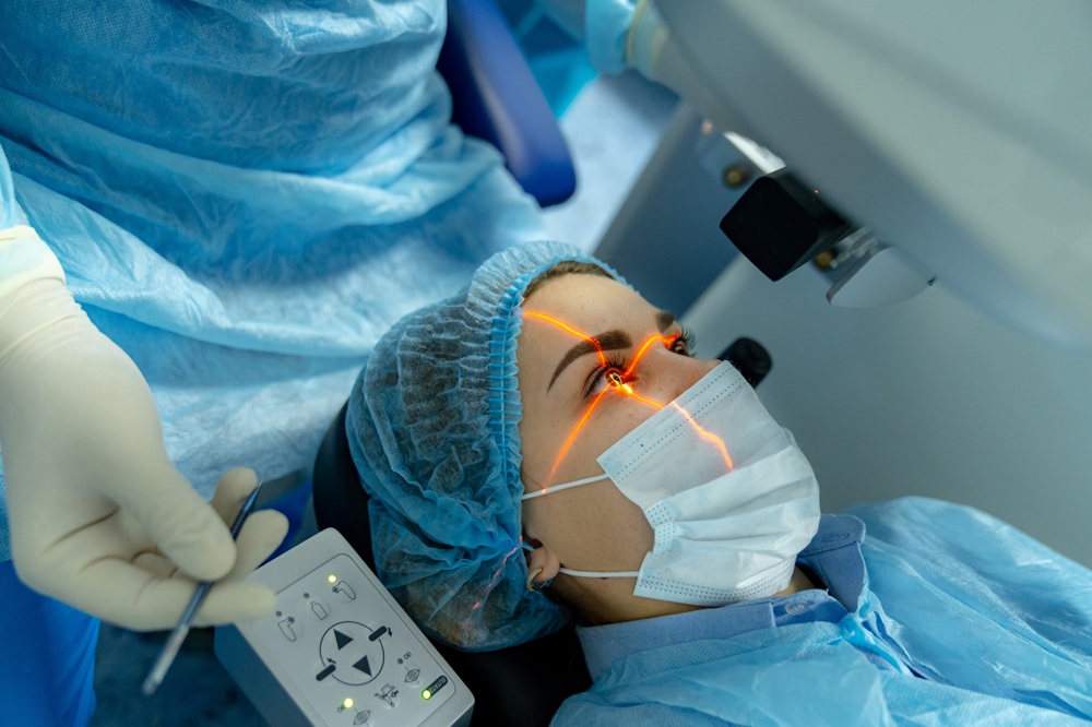 Patient wearing protective surgical gear during SMILE laser eye surgery with precision alignment system – smile eye surgery mesa